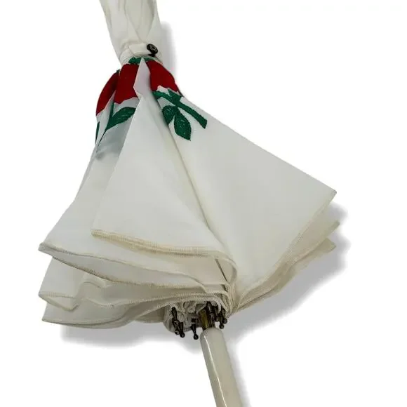 Vtg Saks Fifth Avenue Parasol Umbrella Red Rose Embroidered NOS Pinup Glam Photo